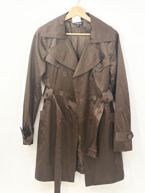 Bebe Brown satin Double-Breasted Trench Coat with Waist Tie